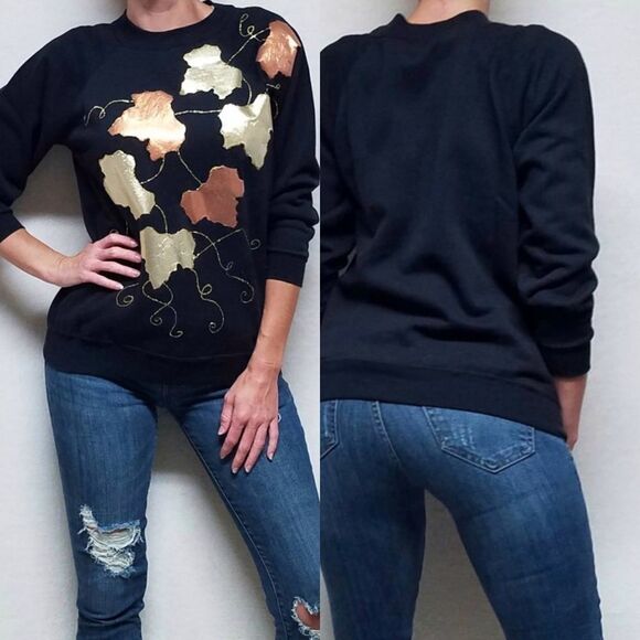 𝅺VINTAGE 90s Hanes Gold Bronze Metallic Glitter Fall Leaf Applique Sweatshirt - Picture 1 of 14